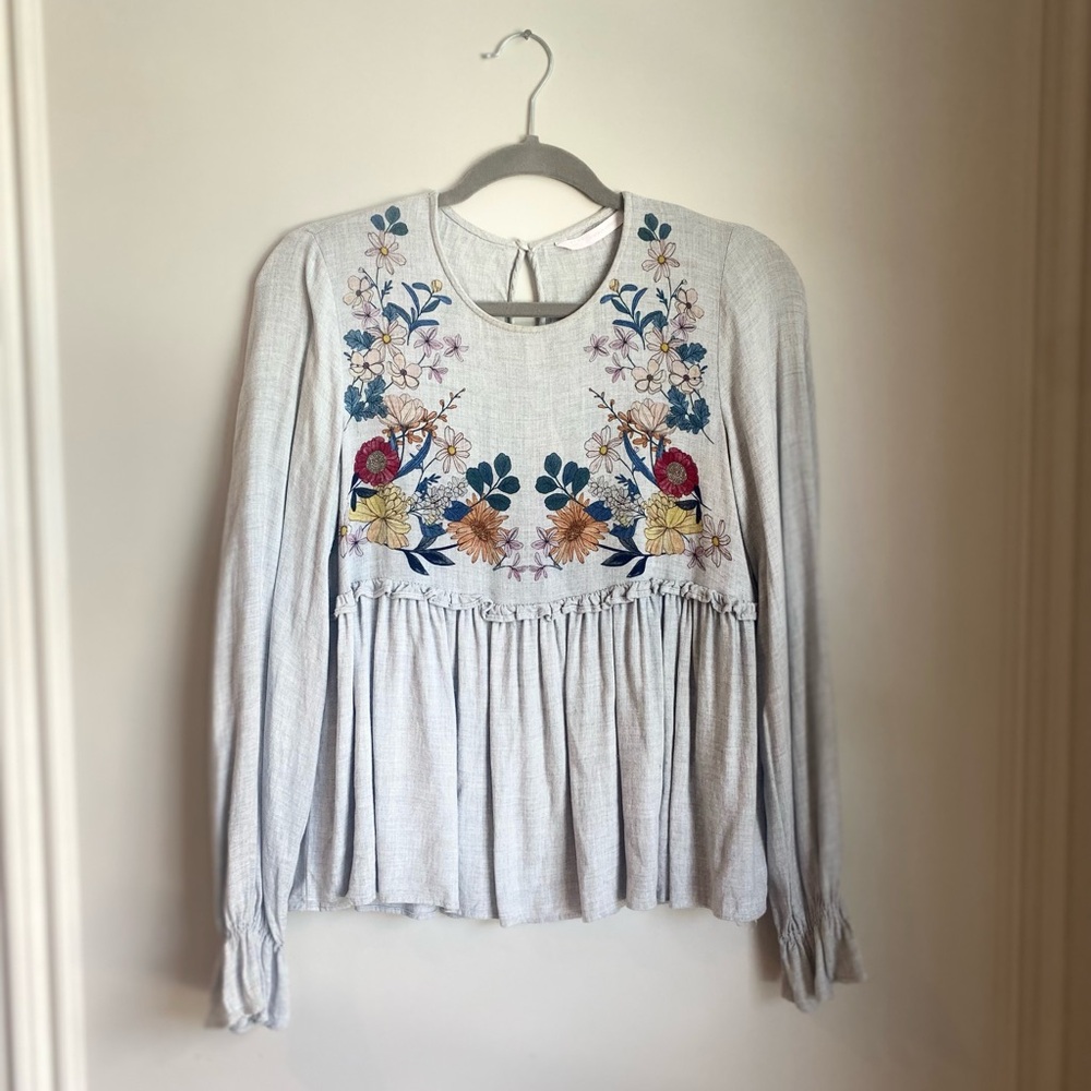 ZARA| Peplum Blouse| Grey Floral| Size Medium